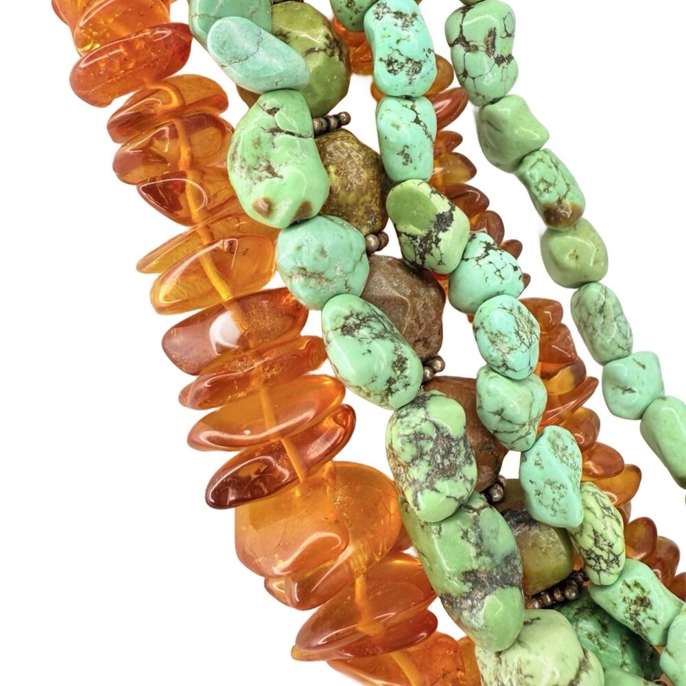 M Salazar 925 Sterling Silver Amber Turquoise Multistrand Statement Necklace 19" - Picture 9 of 16